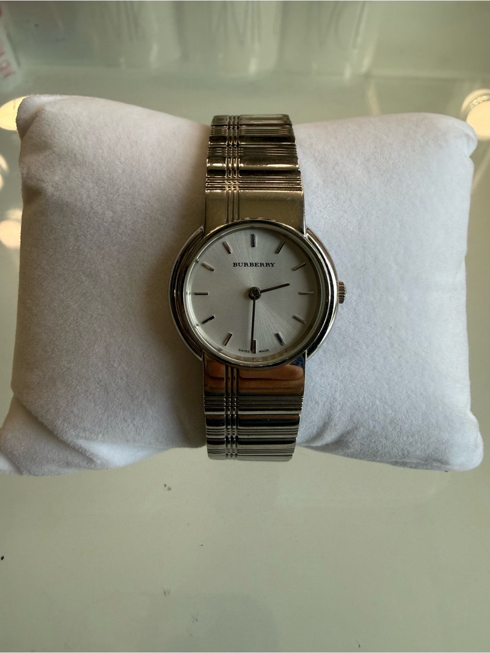 Burberry Swiss Made Women’s Silver Tone Watch Striped Bracelet – Needs Battery